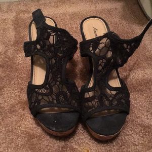 Black lace and cork wedges